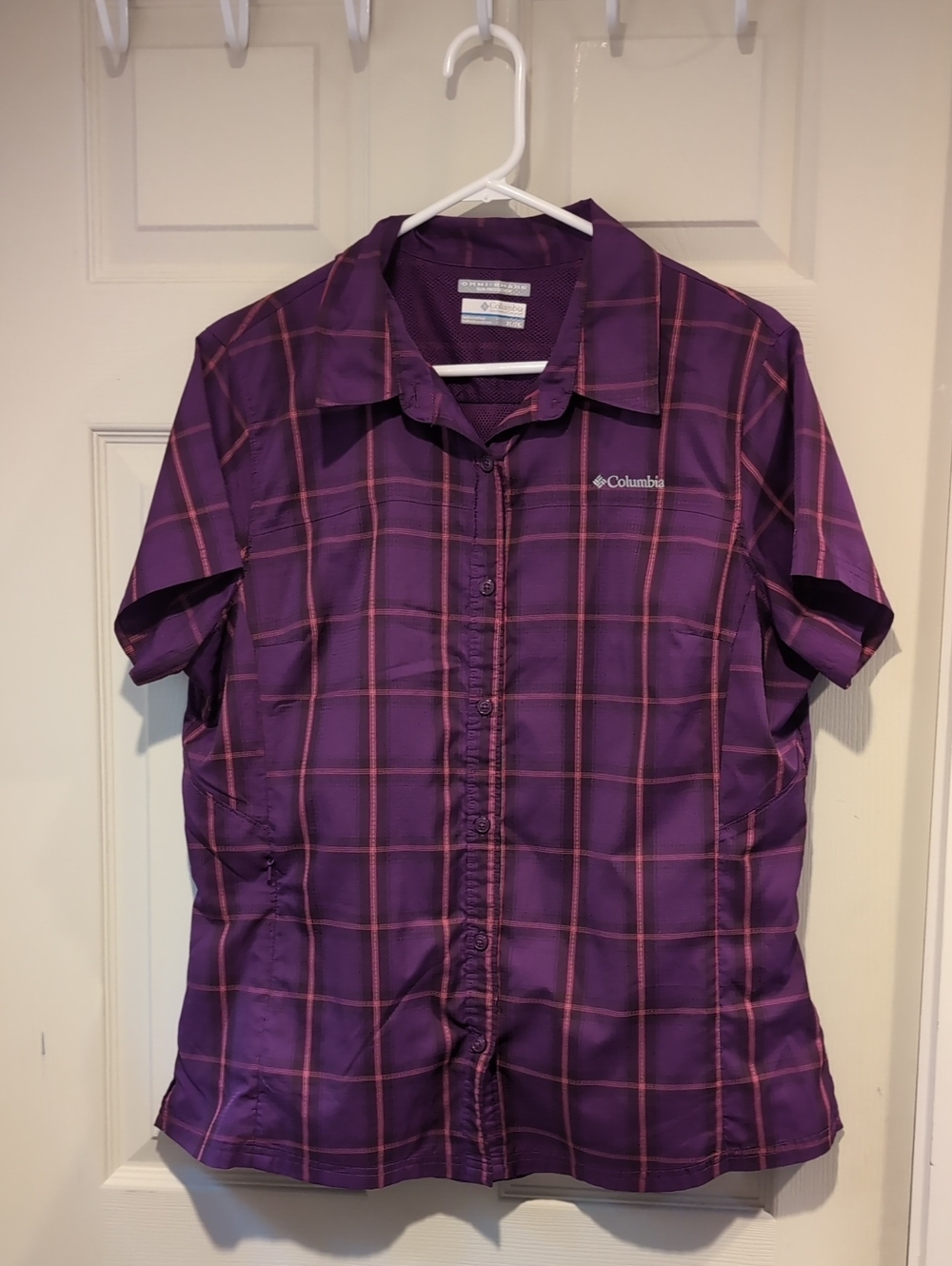 Columbia Purple Plaid Short Sleeve Outdoor Button Shirt